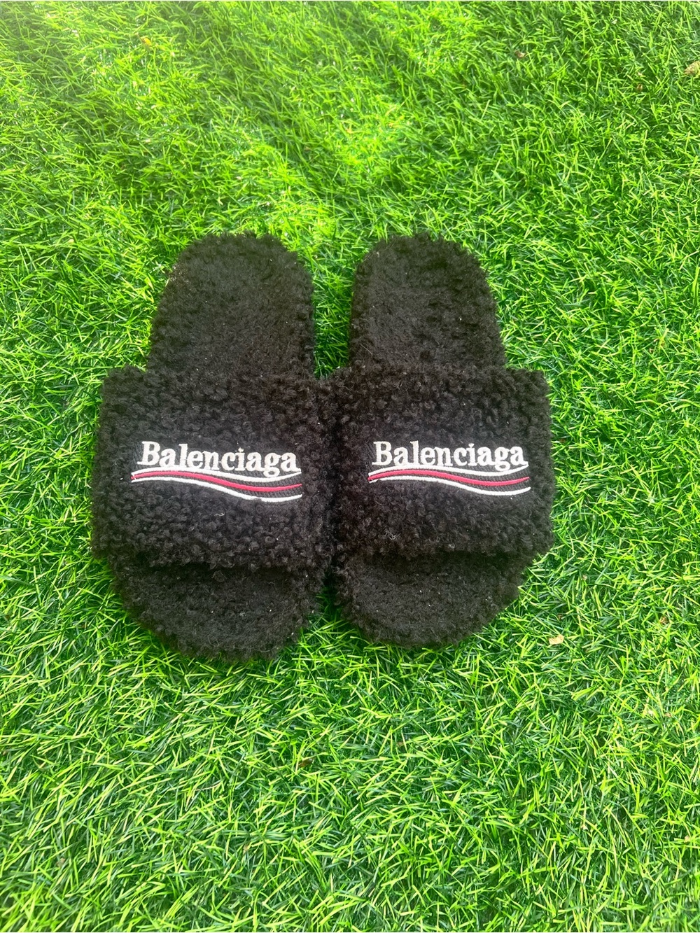 Balenciaga Black Fuzzy Logo Slide Sandals